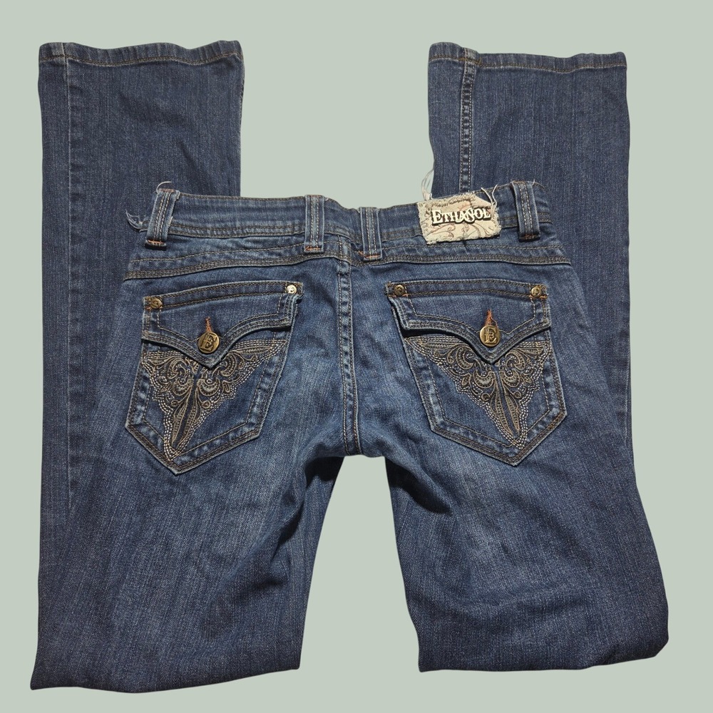 Ethanol Vintage Y2K Low Rise Bootcut Jeans Embroidered Flap Pocket Blue Size 3